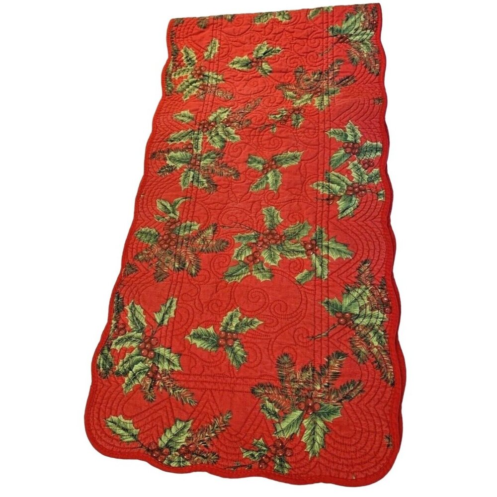 St. Nicholas Square Double Sided Red Ivy & Polka Dot Christmas Table Runner 50" - Picture 1 of 12